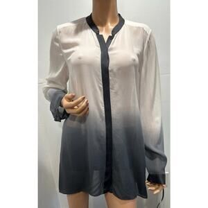 eileen fisher 100% Silk Blouse Grey /white Faded size M Long Sleeve Sheer
